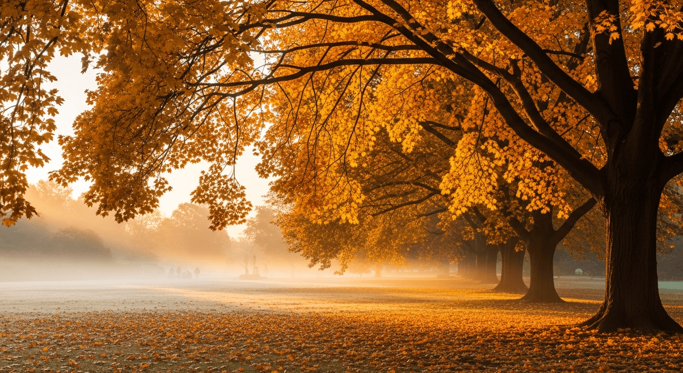 Melbourne botanical gardens in autumn with golden and orange leaves
