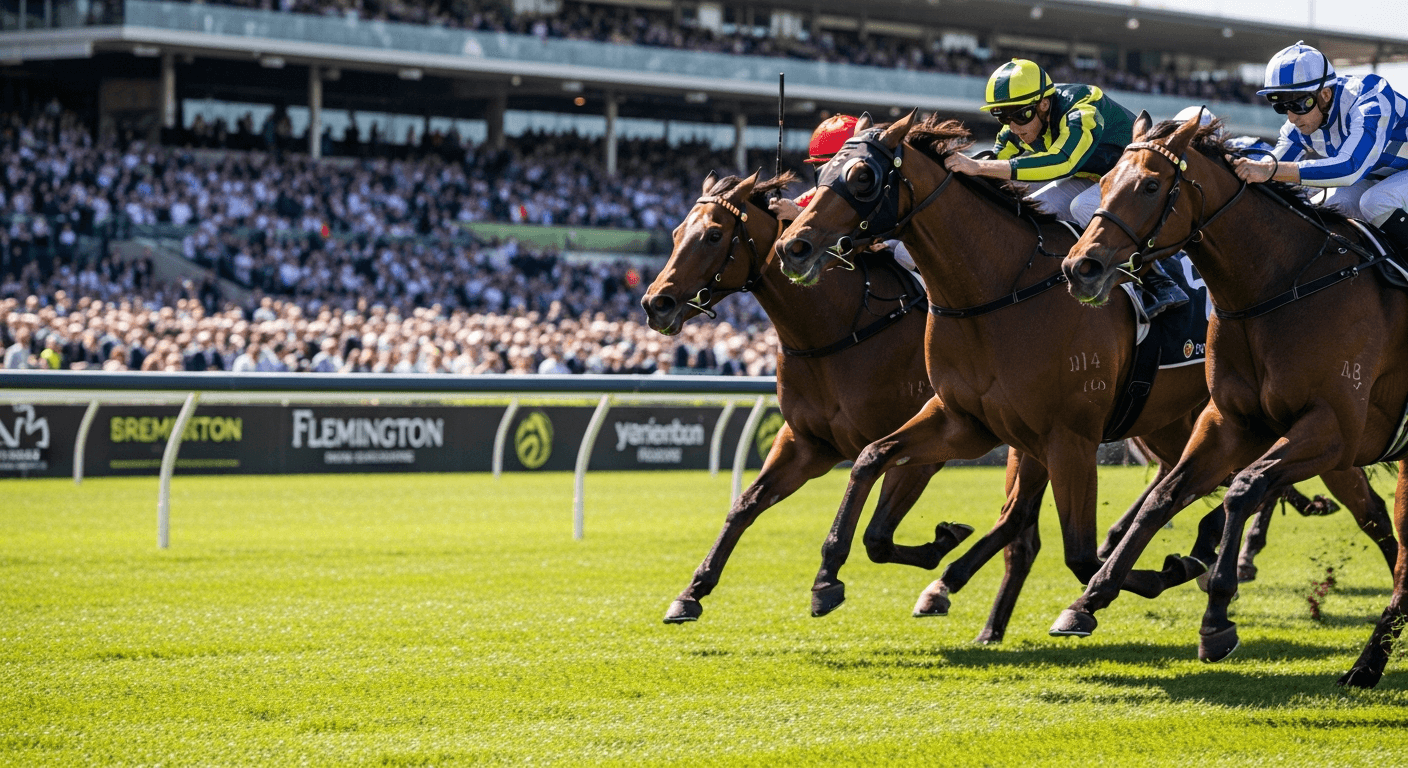 Horse racing at Flemington Racecourse Victoria with thoroughbreds galloping on turf