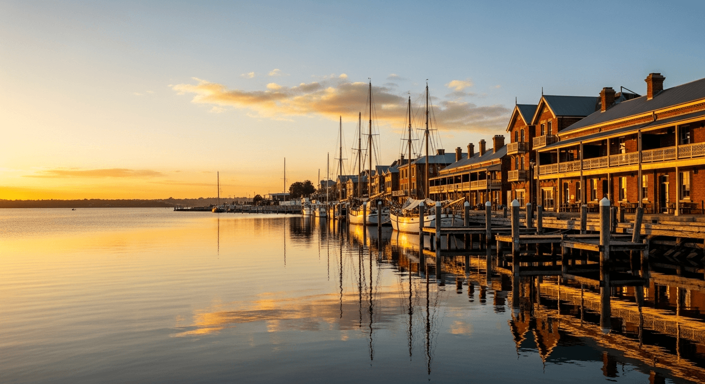 Williamstown waterfront Hobsons Bay Melbourne with calm bay water and moored boats