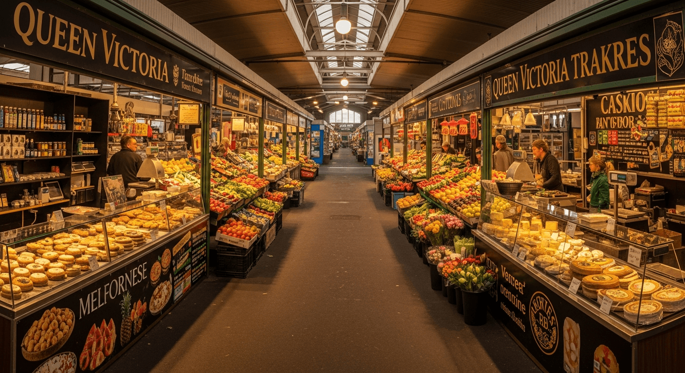 Queen Victoria Market Melbourne at dawn with colourful stalls